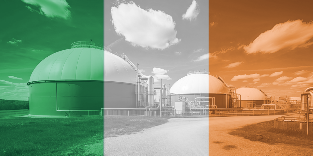 The Irish flag with a faint image of an AD Plant over the top